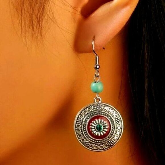 SILVER TURQUOISE EMERALD BOHEMIAN DANGLE EARRINGS - Picture 1 of 6
